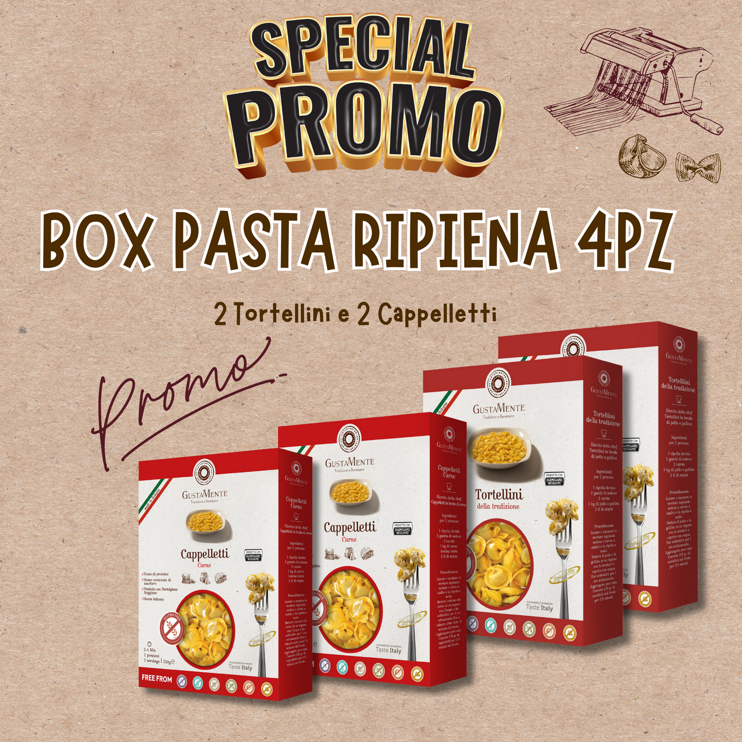 Box Pasta Ripiena 2 Tortellini e 2 Cappelletti (4pz)